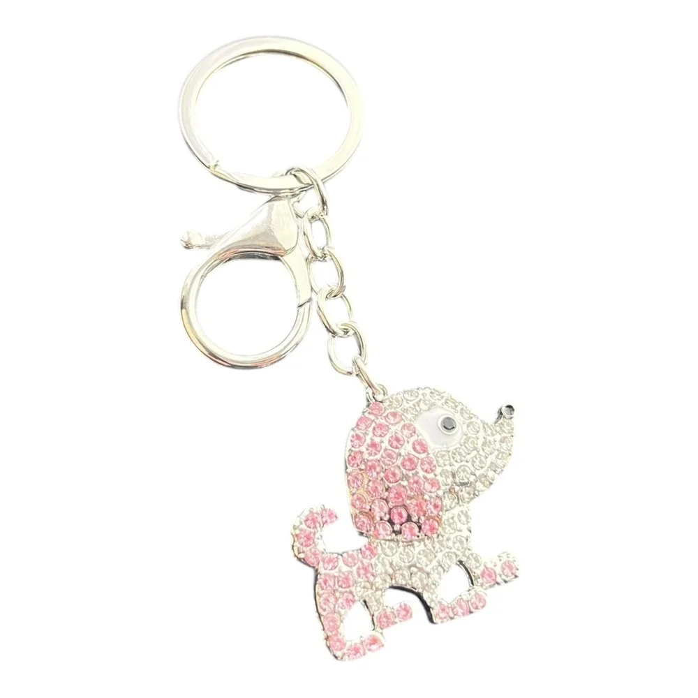 Women's Pink Silver Rhinestone Dog Puppy Charm Bling Key Chain 4